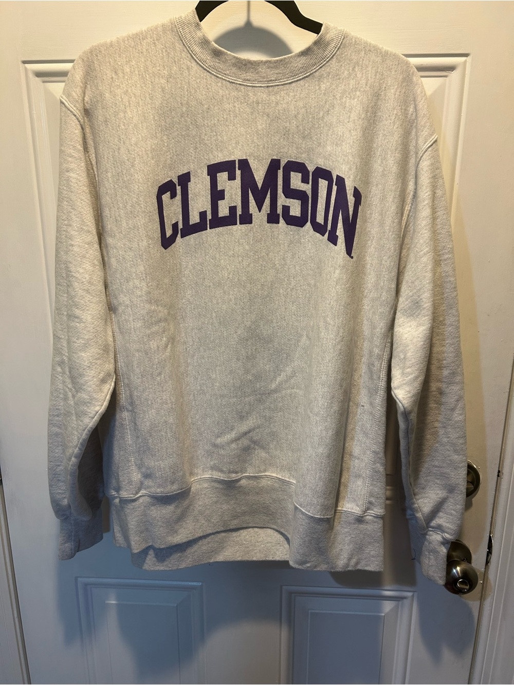 Clemson Crewneck Sweatshirt in Light Grey with Purple Script UNISEX